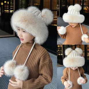 儿童皮草帽子宝宝毛绒帽仿狐狸毛护耳帽加厚保暖冬季男女童包头帽