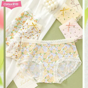 彩田女士内裤茶多酚中腰薄款可爱少女印花冰丝无痕抗菌透气三角裤