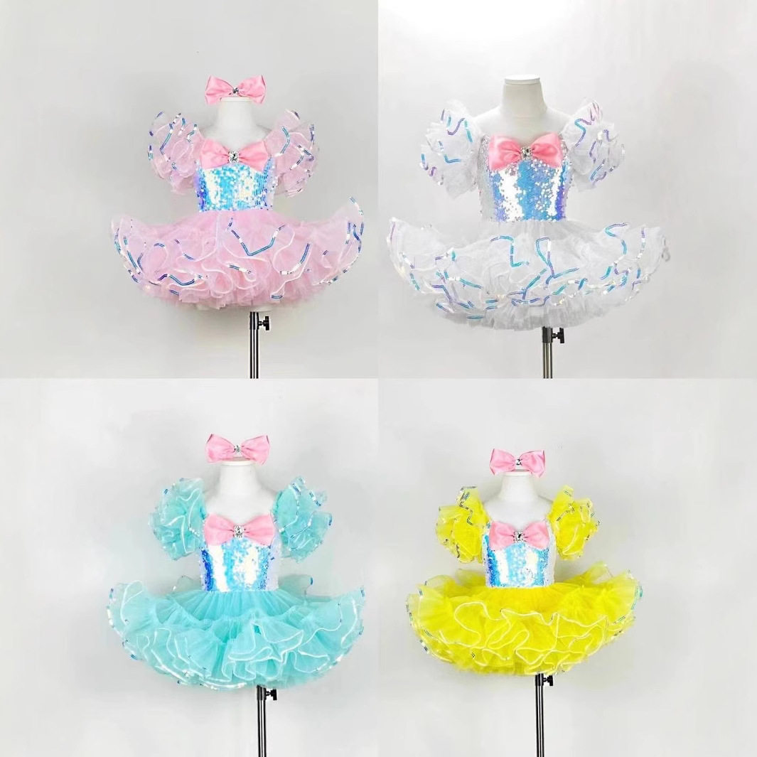儿童芭蕾舞裙女童蓬蓬纱演出服亮片鱼线七彩幼儿园汇演走秀舞蹈服