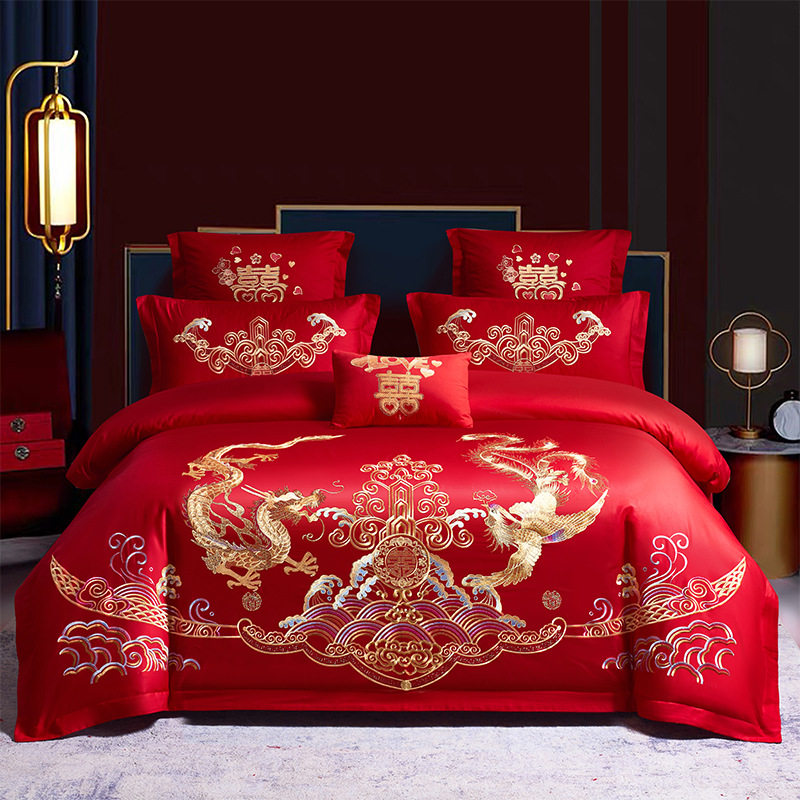 高档中式龙凤刺绣结婚四件套大红色床单被套纯棉婚庆床上用品
