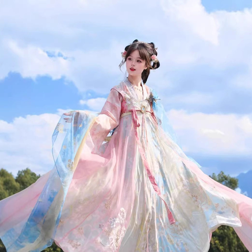 新款唐制汉服女莺花里粉色幻彩刺绣晕染齐胸襦裙飘逸中国古装套装