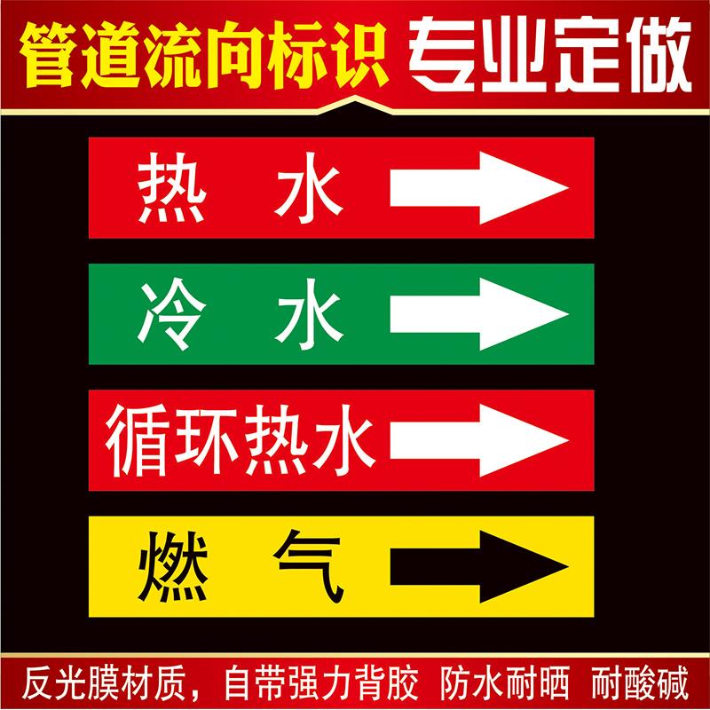 热水冷水管道标识标贴循环热水燃气管道标识流向箭头贴电线管废气送风新风回风冷却冻水蒸汽管路指示订制做