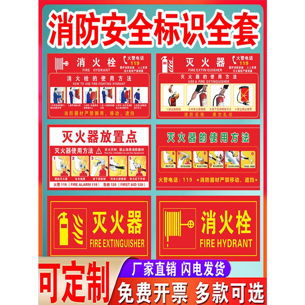 灭火器使用方法贴纸消火栓使用方法手报声光防火卷帘按钮消防通道提示灭火器放置点标识自粘消防栓标识牌定制