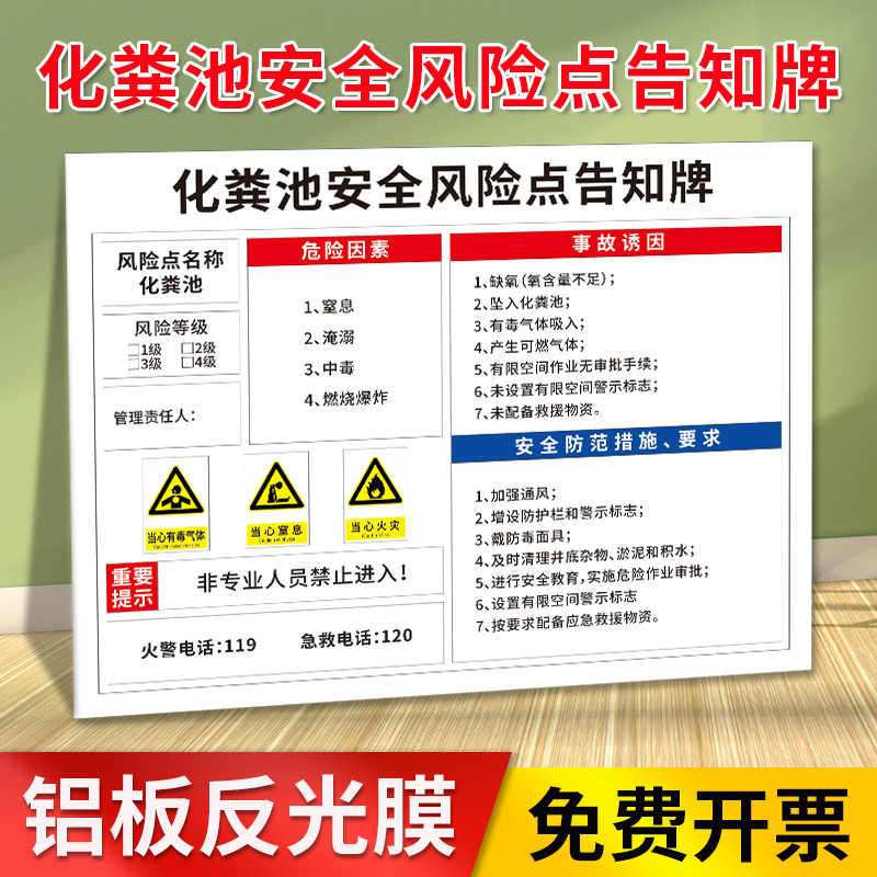 安全风险点告知牌 化粪池 污水处理池危险源告知卡岗位操作危险标识贴标志牌标志信息公示牌提示贴定制标识牌
