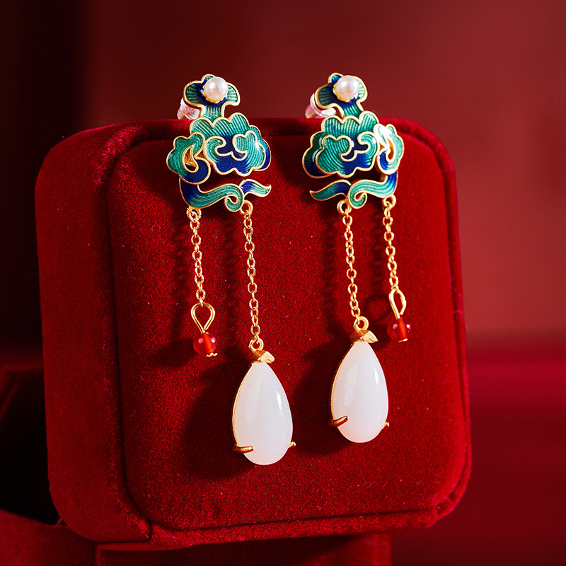 陌遇新款通体合金镶嵌和田玉耳环 国风服饰配饰耳针925银材质耳钉