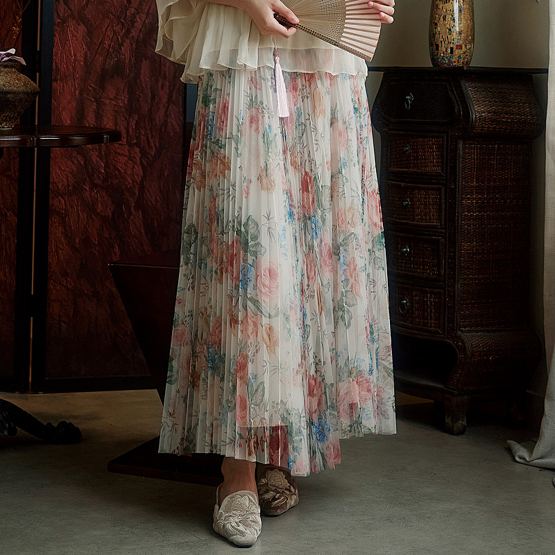 陌遇丨花盈丨新中式2025夏季新款网纱印花百褶裙法式日常半身裙