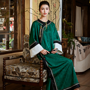 陌遇原创丨幽愫丨民国风复古传统倒大袖素色提花缎古典旗袍连衣裙