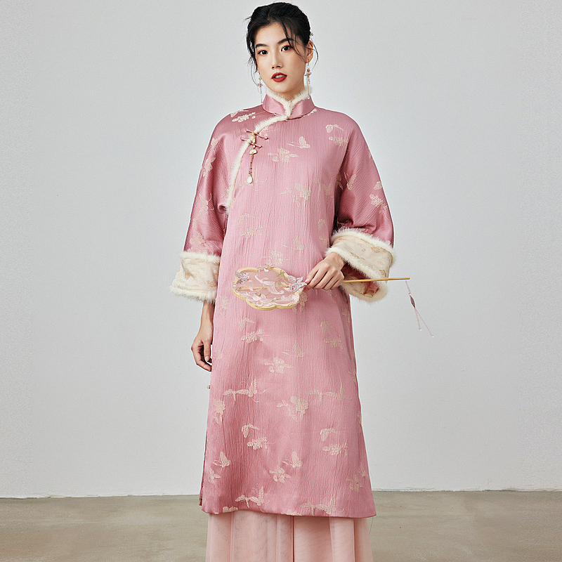 陌遇民国风水貂毛镶边旗袍连衣裙