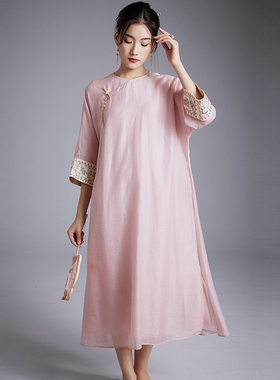 陌遇原创2025夏季新款新中式改良素雅天丝提花圆领日常旗袍连衣裙