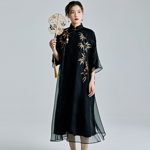陌遇2025年春夏新款中国风改良真丝竹子刺绣大码旗袍新中式连衣裙