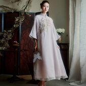 旗袍中式 中国风100%真丝兰花刺绣优雅文艺大码 连衣裙 旧梦 陌遇