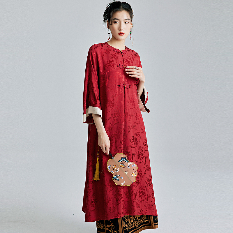 陌遇中国风提花缎晨袍礼服连衣裙