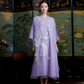 新中式 陌遇 旗袍连衣裙 新款 100%真丝重工刺绣 紫凤 中国风夏季