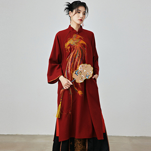 陌遇原创2025年秋冬中国风新款 旗袍连衣裙 复古凤凰刺绣羊毛呢大码