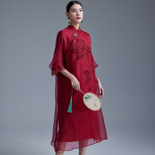 陌遇2026年夏季新款中国风改良真丝绡绣花婚宴旗袍红色连衣裙