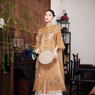 中国风新款 夏季 100%桑蚕丝凤凰绣花中开襟旗袍连衣裙 朝凤 陌遇