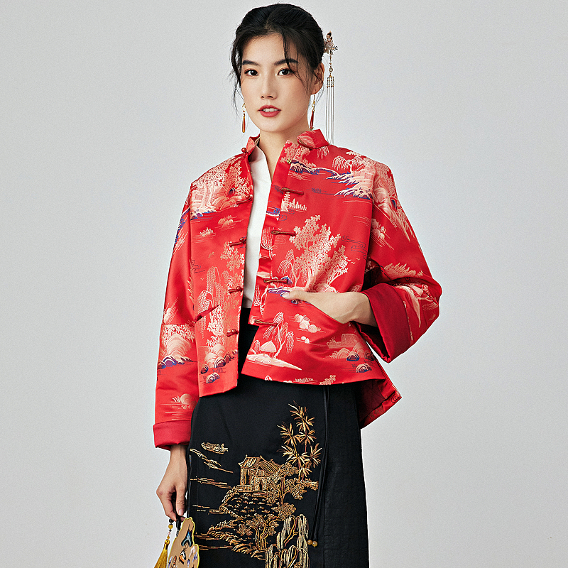 陌遇红色复古织锦缎唐装棉服外套