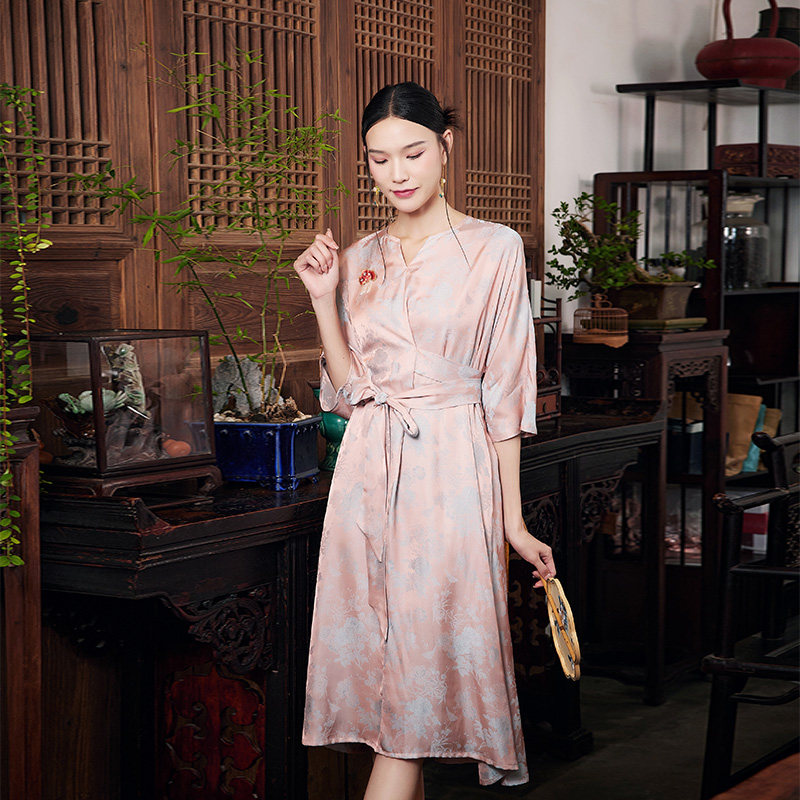陌遇丨烟微丨夏季新款中国风提花缎V领系带修身显瘦新中式连衣裙,女装/女士精品,旗袍,淘宝优惠券,粉丝福利购,淘宝优惠卷