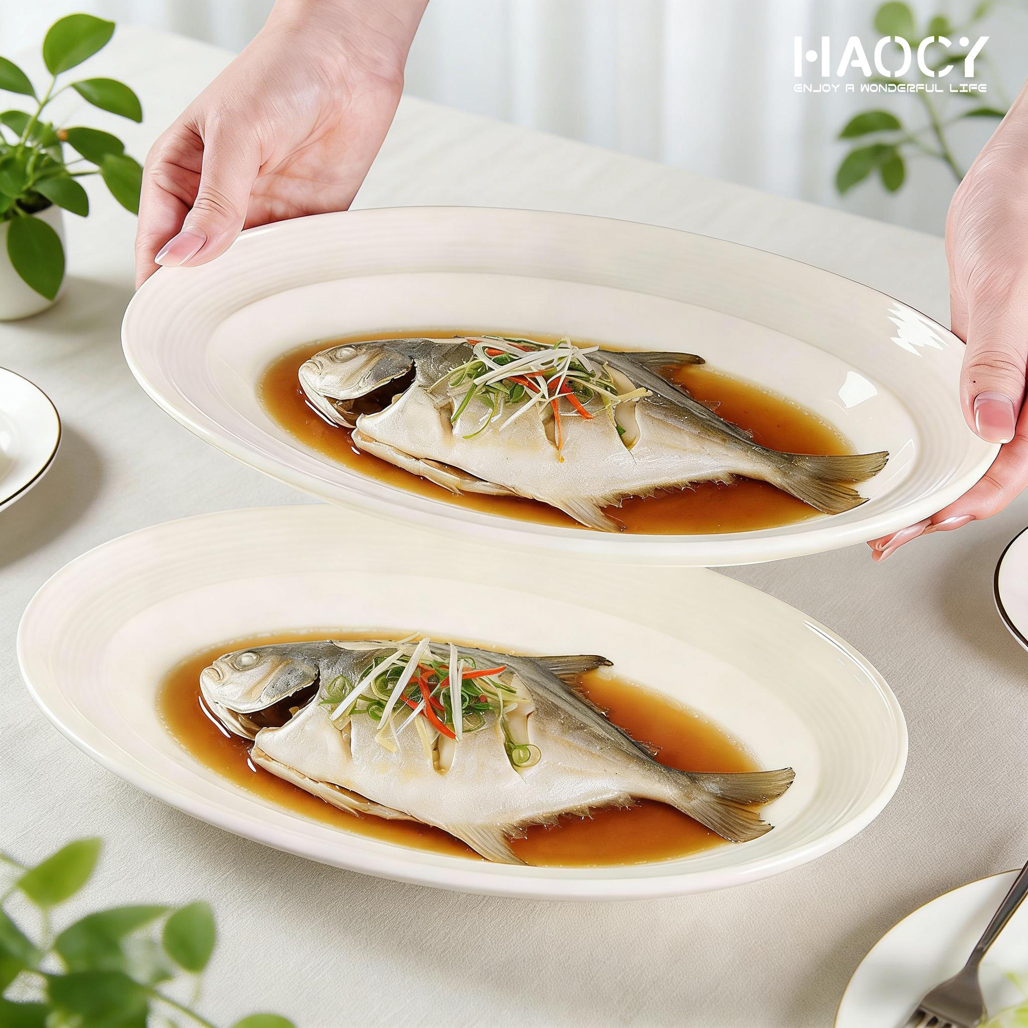 Haocy 陶瓷椭圆盘子简约家用餐盘2026新款蒸鱼盘奶油风高级感餐具,餐饮具,盘,淘宝优惠券,粉丝福利购,淘宝优惠卷