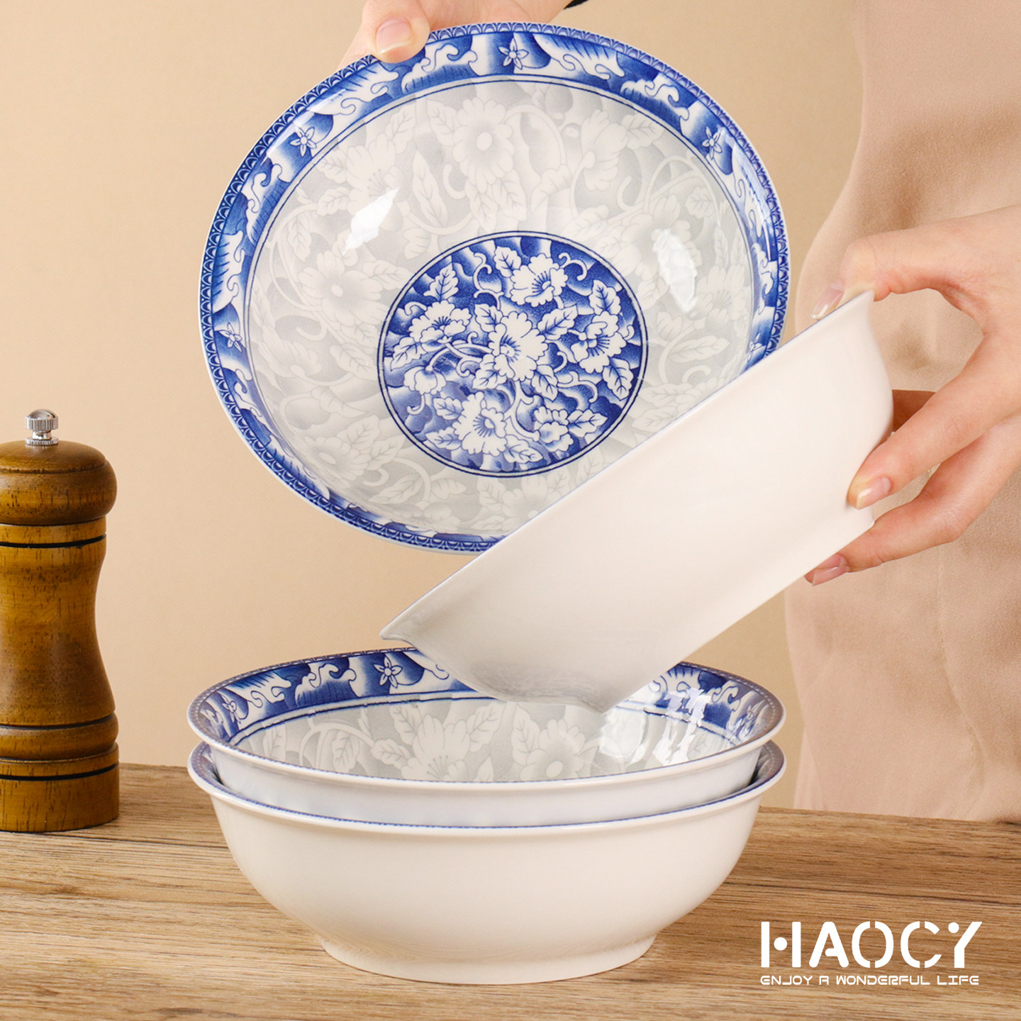 Haocy 老款中式青花瓷陶瓷家用汤碗釉下彩高级感酒店面碗复古餐具