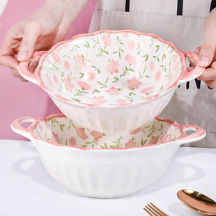 十里桃花双耳汤碗陶瓷家用汤碗可爱风大容量10.5英寸釉下彩盛汤盆