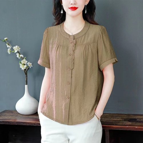中年妈妈棉麻短袖衬衫女士