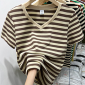 中老年妈妈纯棉短袖 遮肚子 条纹上衣宽松大码 t恤女士2025夏装 新款