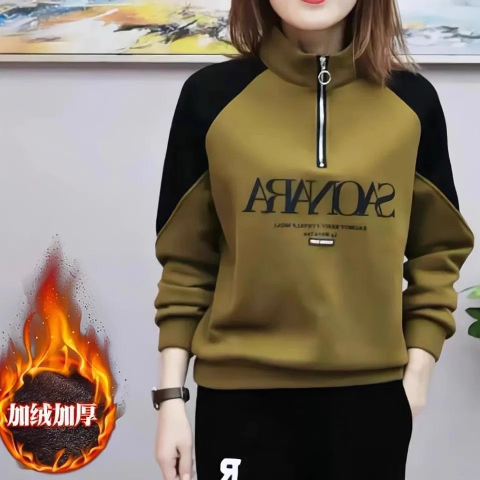秋冬加绒加厚卫衣女中年妈妈宽松翻领长袖t恤大码减龄打底衫上衣