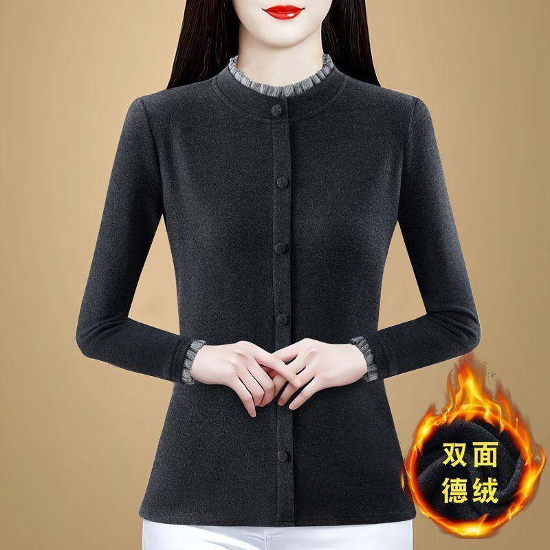 中老年妈妈半高领德绒打底衫女秋冬洋气大码显瘦上衣花边纽扣T恤,女装/女士精品,大码内搭,淘宝优惠券,粉丝福利购,淘宝优惠卷