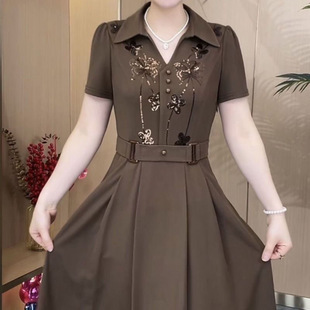 短袖 翻领大码 宽松显瘦裙子 洋气连衣裙女中老年减龄中长款 妈妈夏装