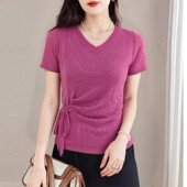 V领T恤衫 夏季 中年妈妈烫钻洋气宽松大码 2025女士短袖 显瘦减龄小衫