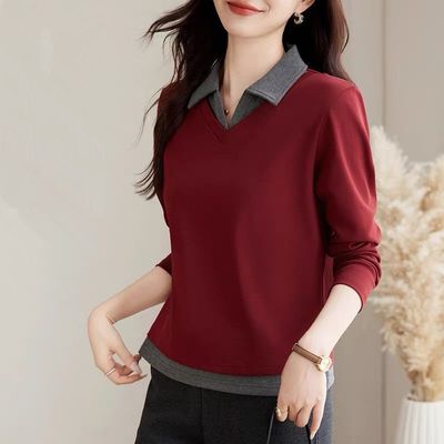 春秋大码polo领假两件长袖t恤女