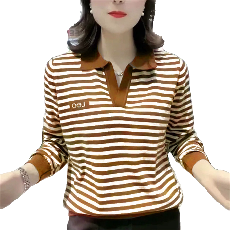 春秋季翻领妈妈装新款宽松大码长袖上衣洋气条纹显瘦减龄打底衫女