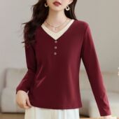 t恤女春秋2025年新款 大码 女装 长袖 V领打底衫 中年妈妈宽松显瘦上衣