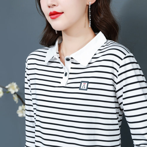 条纹POLO领女大码减龄打底衫