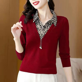 2025新款 上衣T恤衫 假两件女士卫衣春秋装 POLO领中年妈妈洋气大码