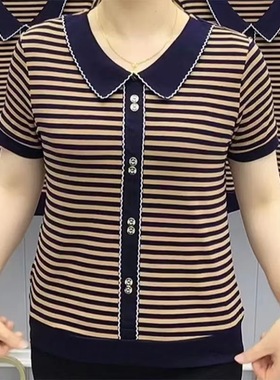 条纹短袖t恤女夏季新款中年妈妈polo衫夏装大码女士宽松减龄上衣