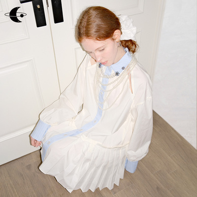 创世纪元【白貌春日】法式白色长袖连衣裙女夏季短款百褶衬衫裙子