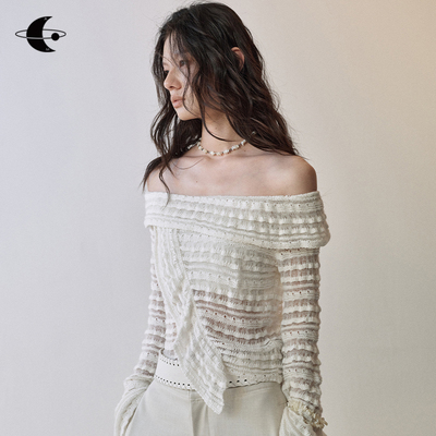 9/05 10:00创世纪元 【流云缱绻】半透花边肌理 一字肩针织罩衫