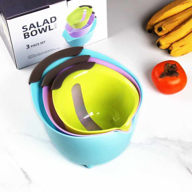 新款沙拉盘三件套 欧美家用蔬果搅拌碗 带刻度水果过滤沙拉碗,餐饮具,洗菜盆/沥水篮/漏水筛,淘宝优惠券,粉丝福利购,淘宝优惠卷
