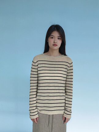 Massimo Dutti meay2024女装休闲慵懒风通勤风条纹圆领毛衣针织衫