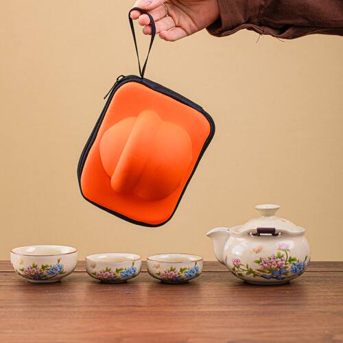 黄汝窑旅行茶具套装一壶三杯手抓壶茶杯户外便携式泡茶专用快客杯