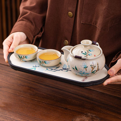 便携式旅行茶具一人饮汝窑手提壶，一壶，三杯，快杯，户外携带袋