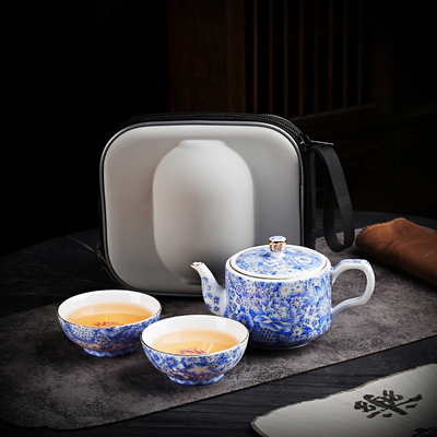 珐琅彩旅行茶具套装户外便携式陶瓷快客杯随身露营泡茶壶一壶两杯