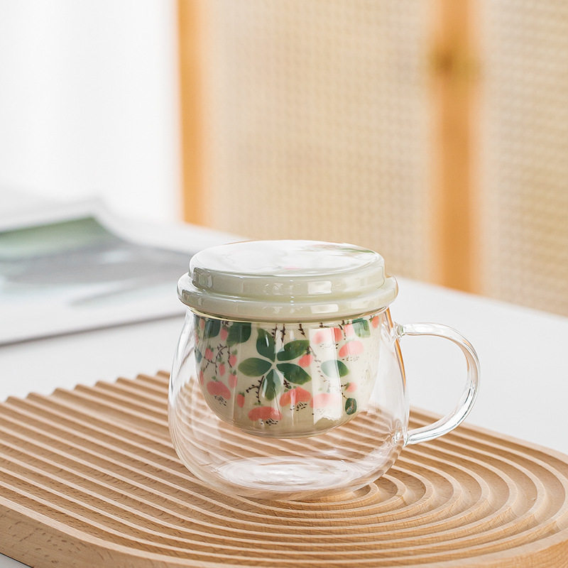 手绘陶瓷茶水分离器陶瓷茶杯玻璃轻奢家用泡茶杯办公室水杯