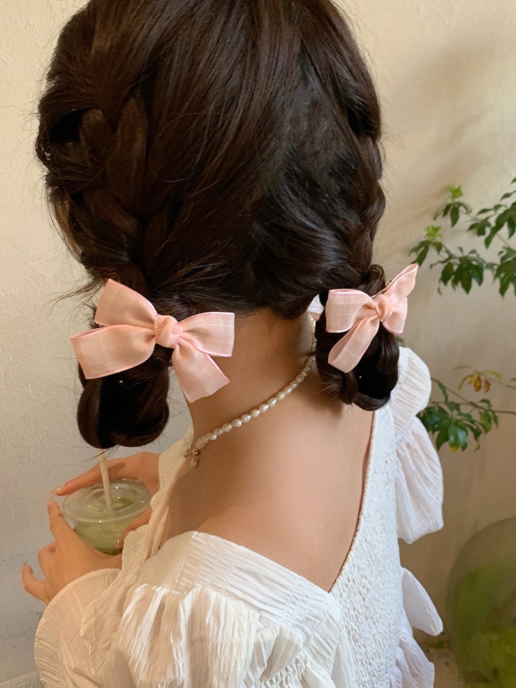 2个装 网纱格子蝴蝶结小发夹侧边甜美少女韩式清新双马尾夹子发饰