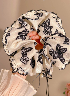 新中式黑色花朵蝴蝶结大肠发圈女2025新款超大丸子头发绳头绳发饰