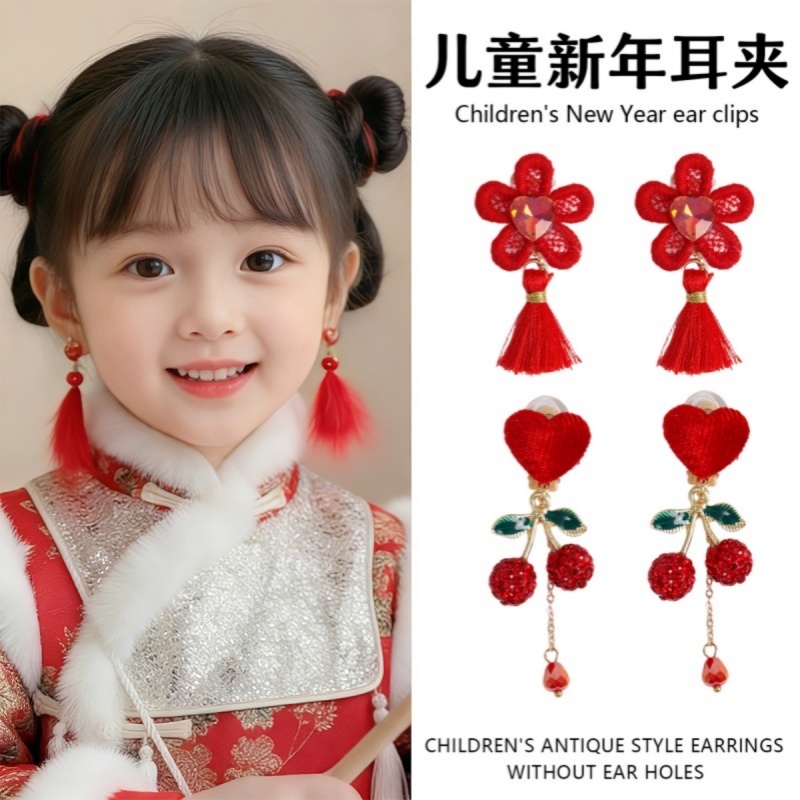 儿童耳夹过新年红色系羽毛流苏耳钉小女孩古风耳坠防痛无耳洞耳环