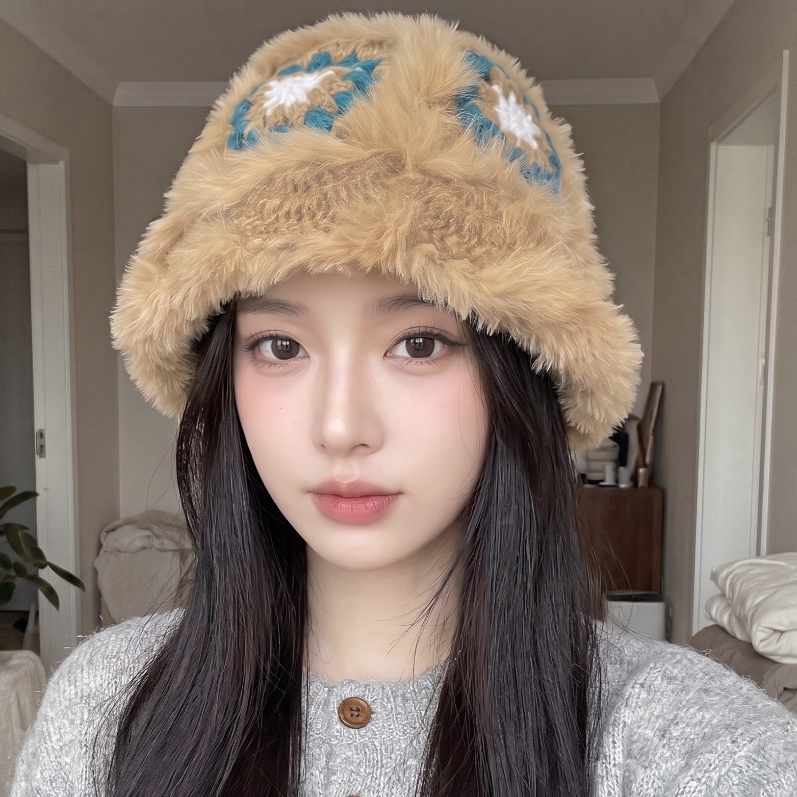 毛绒醒狮帽蓝色几何织片女冬季防寒护耳通勤日常温柔气质加厚帽子