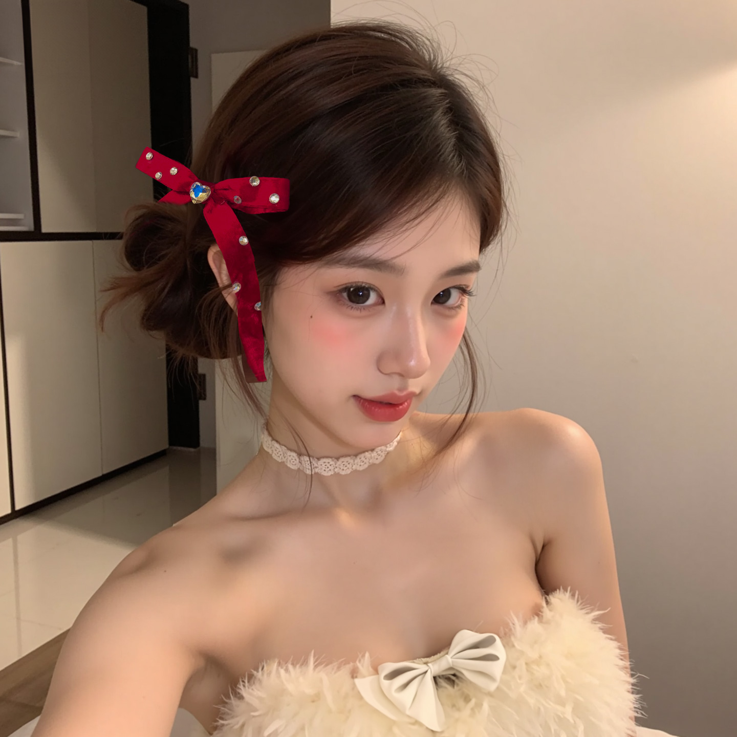 圣诞红丝绒水钻蝴蝶结飘带发夹女